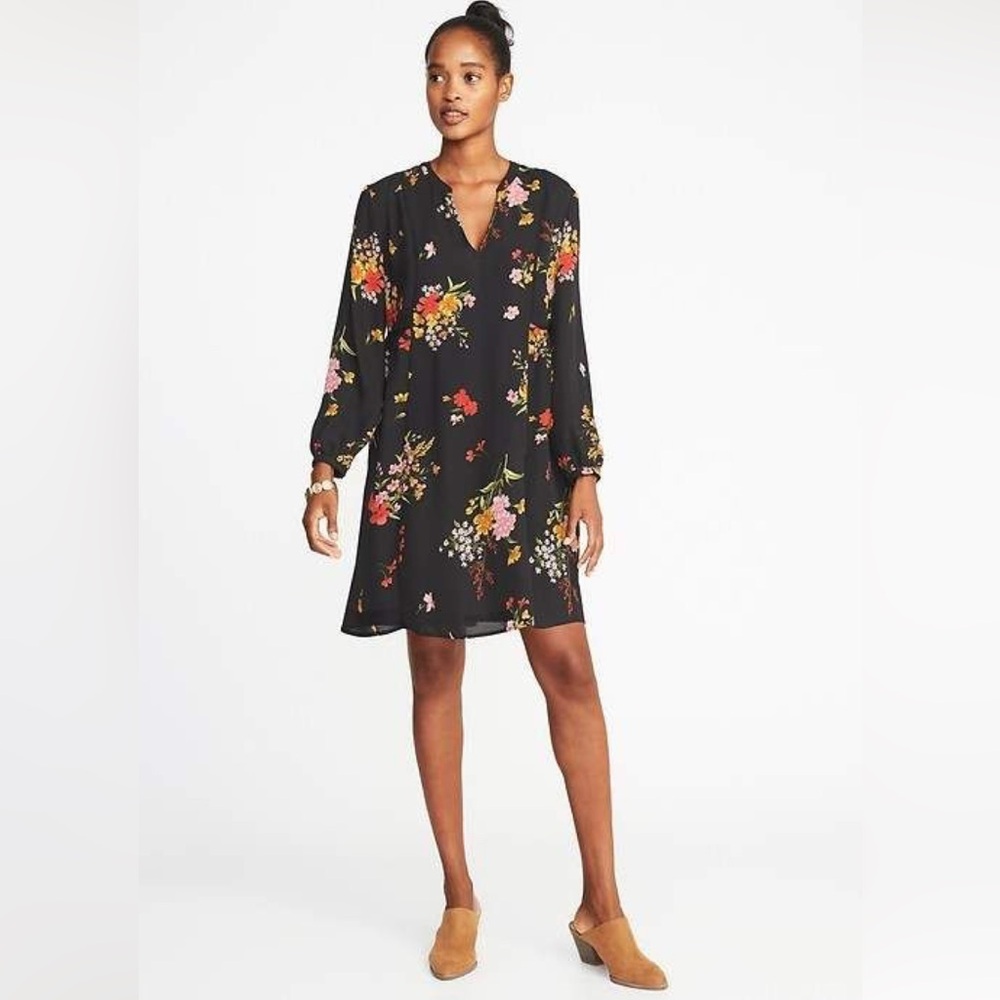 Old Navy Floral Black Midi Dress Long Sleeves Size XS
